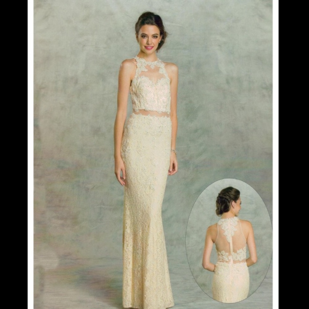 Aspeed Rhinestone Lace Prom Gown XS Illusion Waist Champagne